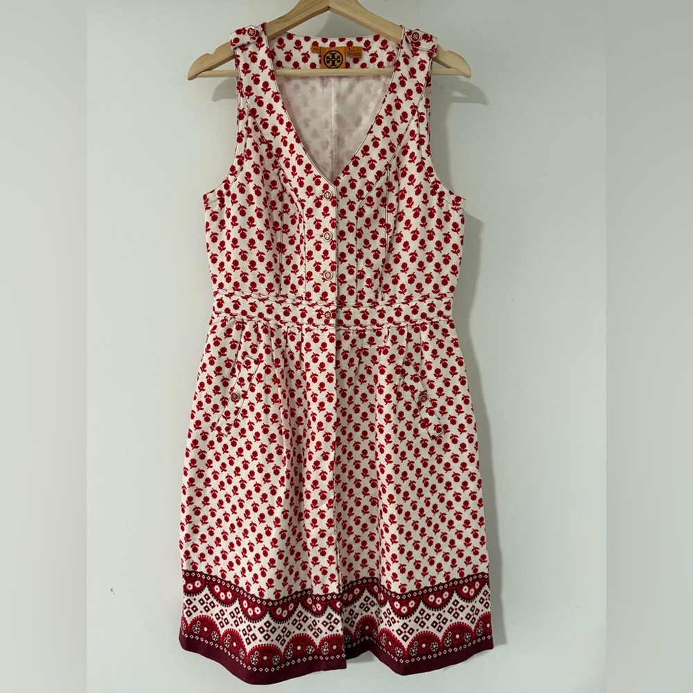 Tory Burch Floral Red and White Sleeveless Dress - Knee-length
